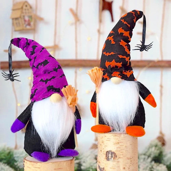Halloween Gnome Set with Bat and Spider Accents, Orange and Purple Individual Gnomes Holding Broom Plush Gnome OrnamentallyYou 