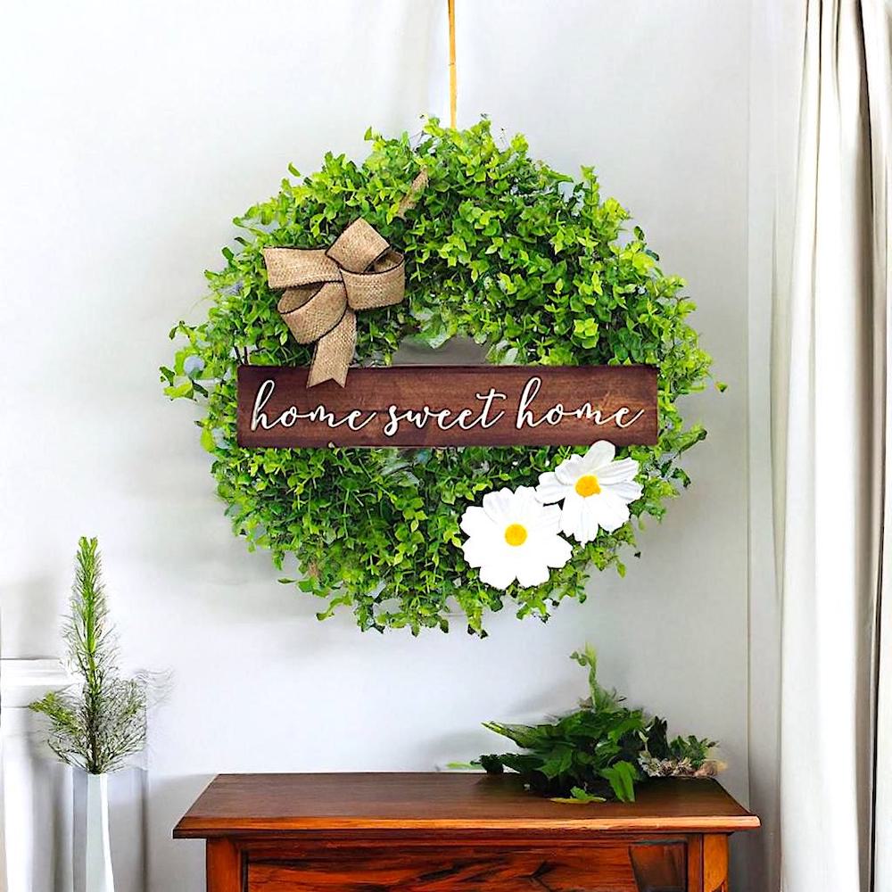 Home Sweet Home Wreath with Chamomile Flowers and Farmhouse Burlap Bow, 17.5 Inches Wreath Yiwu Qusheng Arts And Crafts Co., Ltd. 