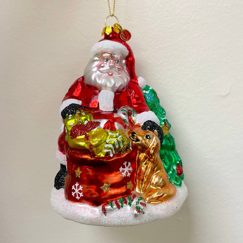 Santa with Dog and Giant Gift Bag Glass Christmas Ornament Glass Ornament OrnamentallyYou 